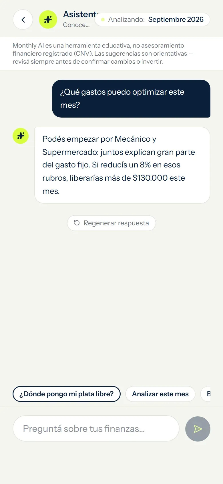 Asistente con IA: captura de Monthly con datos de ejemplo