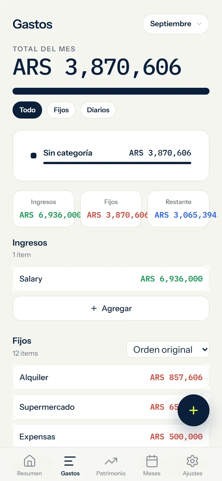 Gastos fijos y cuotas: captura de Monthly con datos de ejemplo