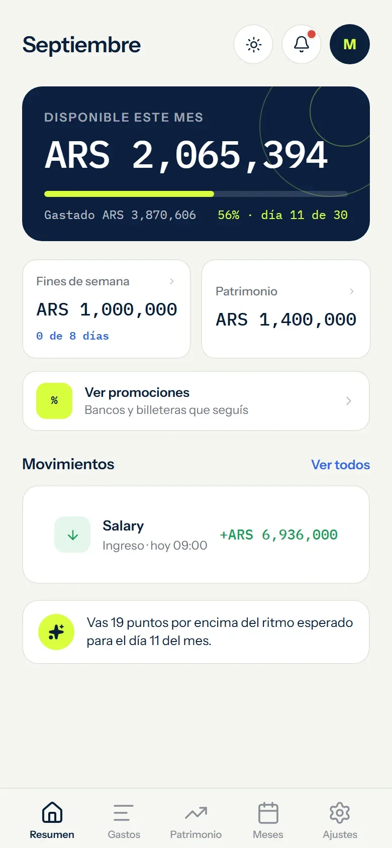 Resumen de Monthly con disponible del presupuesto y movimientos de ejemplo