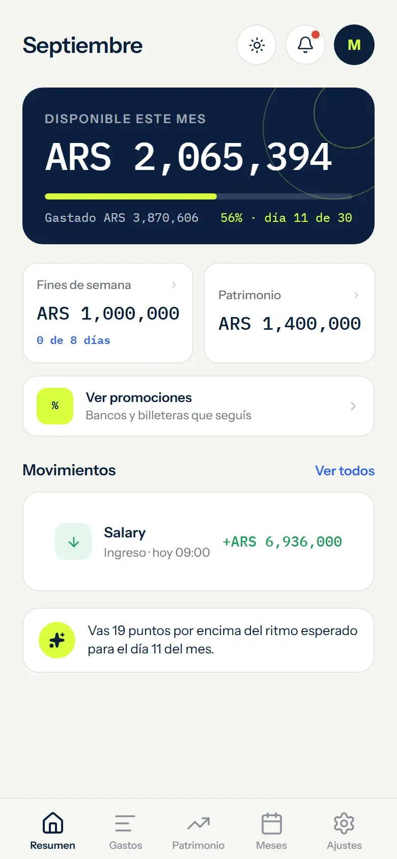 Sueldo y dinero libre: captura de Monthly con datos de ejemplo