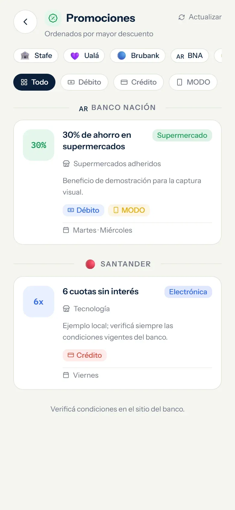 Descuentos bancarios: captura de Monthly con datos de ejemplo
