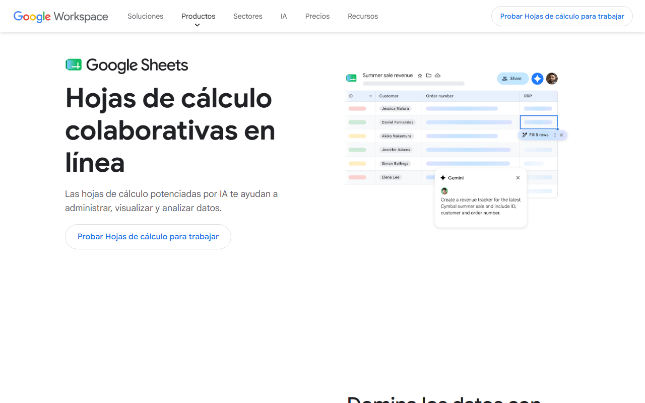 Captura de pantalla de Google Sheets