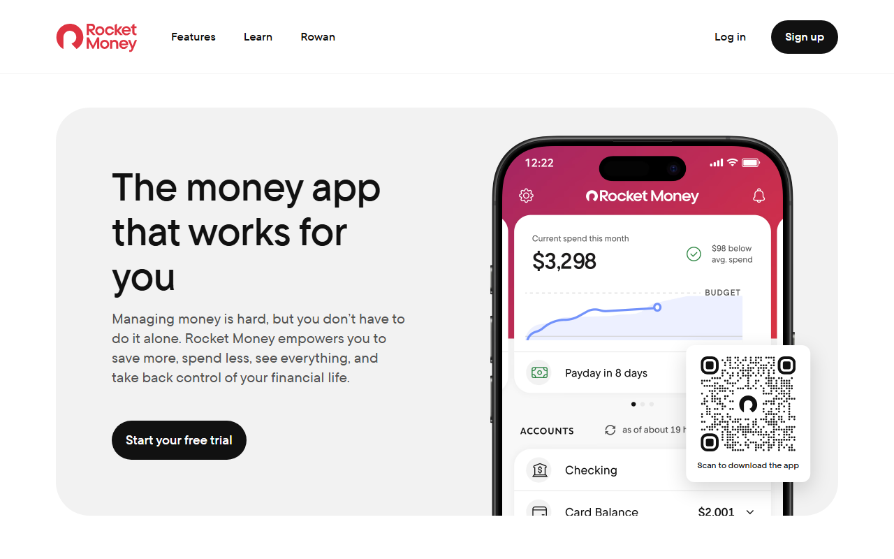 Vista del sitio oficial de Rocket Money